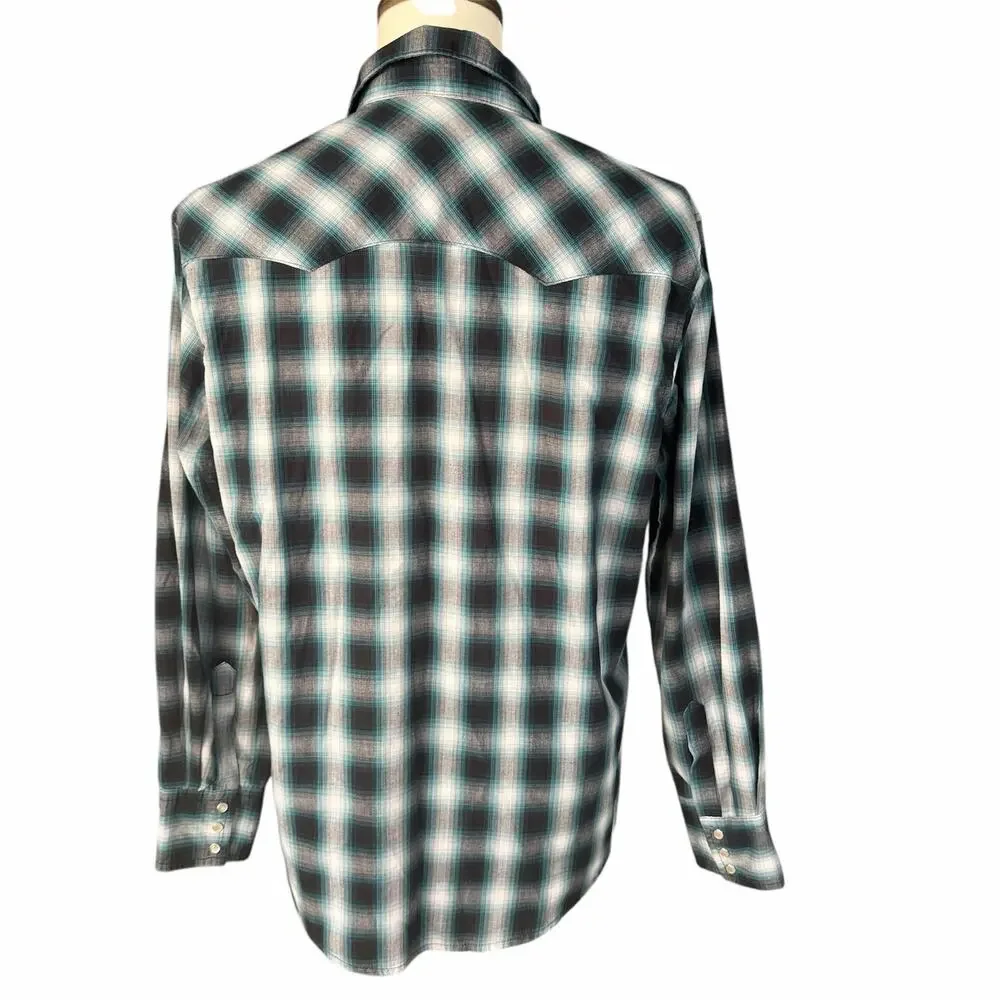 Wrangler Blue Gray Pearl Snap Western Cowboy Button Down Wrancher Shirt Sz L